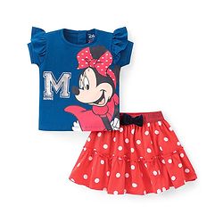 Babyhug Disney Cotton Knit Half Sleeves Top & Mid Length Skirt Set With Frill Detail & Minnie Mouse Graphics - Navy & Red