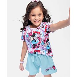 Babyhug Disney Cotton Knit Half Sleeves T-Shirt & Shorts Set With Minnie Mouse Graphics - Multicolor