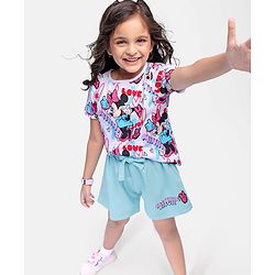 Babyhug Disney Cotton Knit Half Sleeves T-Shirt & Shorts Set With Minnie Mouse Graphics - Multicolor