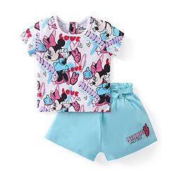 Babyhug Disney Cotton Knit Half Sleeves T-Shirt & Shorts Set With Minnie Mouse Graphics - Multicolor