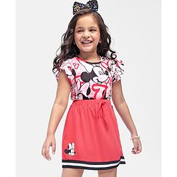Babyhug Disney Cotton Knit Frill Sleeves Top & Shorts Set With Minnie Mouse Graphics - Red