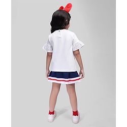 Babyhug Disney Cotton Knit Bell Sleeves Top & Mid Length Skirt Set With Minnie Mouse Graphics - White Black & Blue