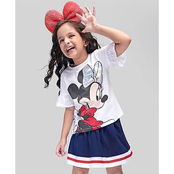 Babyhug Disney Cotton Knit Bell Sleeves Top & Mid Length Skirt Set With Minnie Mouse Graphics - White Black & Blue