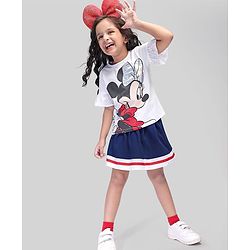 Babyhug Disney Cotton Knit Bell Sleeves Top & Mid Length Skirt Set With Minnie Mouse Graphics - White Black & Blue