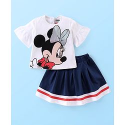Babyhug Disney Cotton Knit Bell Sleeves Top & Mid Length Skirt Set With Minnie Mouse Graphics - White Black & Blue
