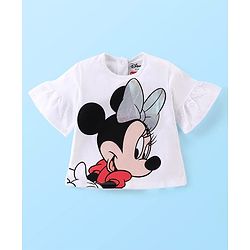 Babyhug Disney Cotton Knit Bell Sleeves Top & Mid Length Skirt Set With Minnie Mouse Graphics - White Black & Blue