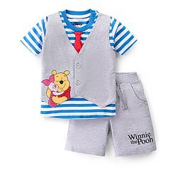 Babyhug Disney Cotton Knit Half Sleeves T-Shirt With Attached Waist Coat & Shorts Set With Winnie The Pooh Graphics - Grey
