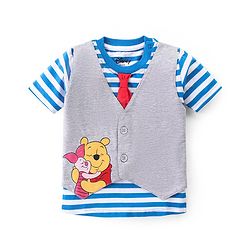 Babyhug Disney Cotton Knit Half Sleeves T-Shirt With Attached Waist Coat & Shorts Set With Winnie The Pooh Graphics - Grey