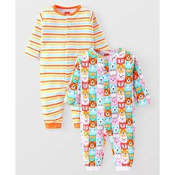 Babyhug 100% Cotton Knit Full Sleeves Striped & Animal Printed Rompers Pack of 2 - Multicolour