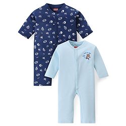 Babyhug 100% Cotton Knit Full Sleeves Rugby Printed Rompers Pack of 2 - Multicolour