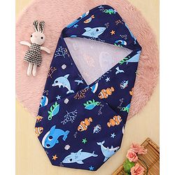 Babyhug Interlock Hooded Wrappers With Dolphin Print L 76.2 x B 76.2 cm - Blue