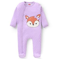 Babyhug Interlock Full Sleeves Polka Dotted Sleepsuit with Deer Print & Bow - Purple