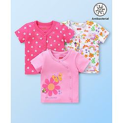 Babyhug 100% Cotton Knit Half Sleeves Antibacterial Set of Vests with Floral Print Pack of 3 - Multicolour