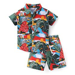 Babyhug Cotton Knit Half Sleeves Shirt & Shorts Set With Tropical Print - Multicolor