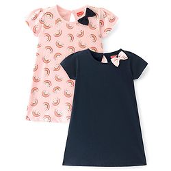 Babyhug Single Jersey Knit Half Sleeves Frock With Rainbow Print & Bow Applique Pack of 2- Pink & Navy Blue
