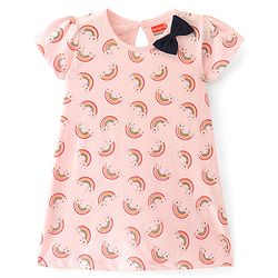Babyhug Single Jersey Knit Half Sleeves Frock With Rainbow Print & Bow Applique Pack of 2- Pink & Navy Blue