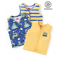 Babyhug 100% Cotton Knit Sleeveless Antibacterial Set of Vests Striped Car & Crocodile Print Pack of 3 - Multicolour
