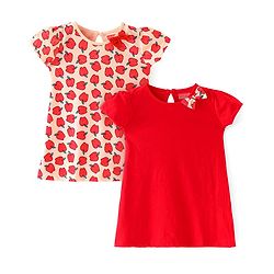 Babyhug Single Jersey Knit Half Sleeves Frock With Apple Print & Bow Applique Pack of 2- Peach & Red