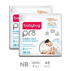 Babyhug Pro Bubble Care Premium Pant Style Diapers New Born Size Pack of 2 - 24 Pieces Each - New Born White