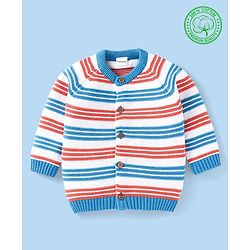 Babyhug Cotton Knitted Full Raglan Sleeves Front Open Striped Sweater - Blue