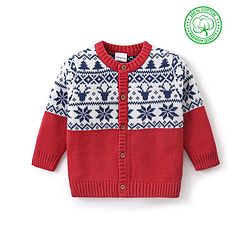 Babyhug Knitted Full Sleeves Front Open Sweater with Deer & Snowflake  Design - Red & Navy Blue