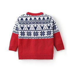 Babyhug Knitted Full Sleeves Front Open Sweater with Deer & Snowflake  Design - Red & Navy Blue