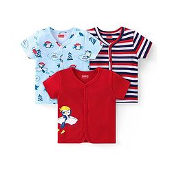 Babyhug 100% Interlock Cotton Knit Half Sleeves Front Open Antibacterial Vests with Stripes & Penguin Print Pack of 3 - Blue & Red