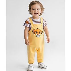 Babyhug Disney Single Jersey Knit Dungaree with Half Sleeve T-Shirt Lion King Print - Yellow