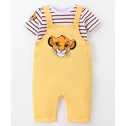 Babyhug Disney Single Jersey Knit Dungaree with Half Sleeve T-Shirt Lion King Print - Yellow