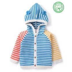 Babyhug Knitted Full Sleeves Front Open Hooded Striped Sweater - Multicolour