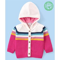 Babyhug Cotton Knit Full Raglan Sleeves Hooded Sweater With Colour Block Design - Pink