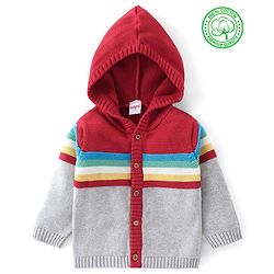 Babyhug Full Sleeves Front Open Hooded Sweater With Stripes & Colour block Design - Red & Grey