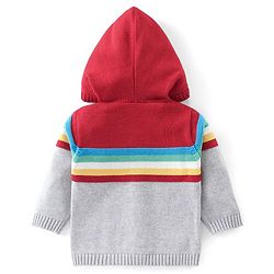 Babyhug Full Sleeves Front Open Hooded Sweater With Stripes & Colour block Design - Red & Grey