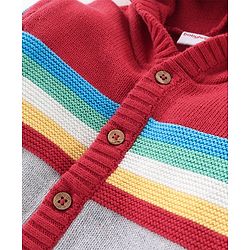 Babyhug Full Sleeves Front Open Hooded Sweater With Stripes & Colour block Design - Red & Grey