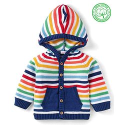 Babyhug Cotton Knitted Full Raglan Sleeves Front Open Hooded Sweater With Striped Design - Navy Blue