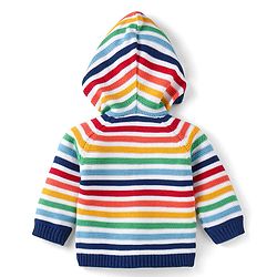 Babyhug Cotton Knitted Full Raglan Sleeves Front Open Hooded Sweater With Striped Design - Navy Blue