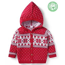 Babyhug Cotton Knitted Full Raglan Sleeves Front Open Hooded Sweater With Heart Design - Red