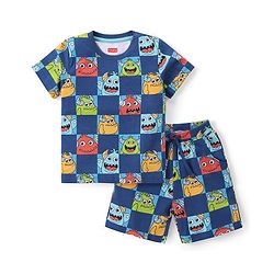 Babyhug Single Jersey Half Sleeves T-Shirt & Shorts Set Monster Print - Navy Blue