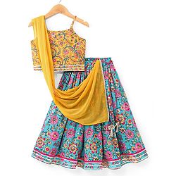 Babyhug Cambric Woven Sleeveless Choli Lehenga Set with Mirror Work & Dupatta - Blue