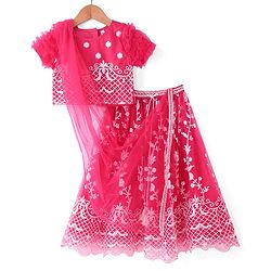Babyhug Woven Half Sleeves Choli & Lehenga Set with Dupatta Floral Embroidery Sequin & Frill Detailing - Fuschia