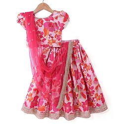 Babyhug Woven Half Sleeves Floral Embroidered & Printed Lehenga Choli and Dupatta With Sequined Detailing-Pink