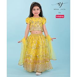 Babyhug Woven Half Sleeves Floral Sequined Choli & Lehenga Set with Dupatta - Yellow
