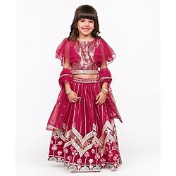 Babyhug Woven Short Sleeve Sequined Choli With Floral Embroidered Lehenga and  Net Dupatta - Fuchsia