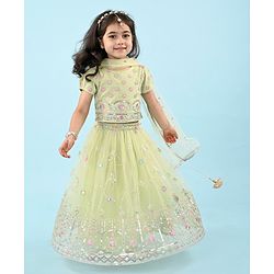 Babyhug Woven Half Sleeves Choli Lehenga & Dupatta Set with Floral Embroidery - Yellow