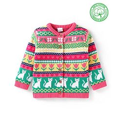 Babyhug Cotton Knitted Full Sleeves Front Open Sweater With Cat Design - Dark Pink