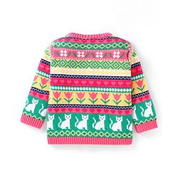 Babyhug Cotton Knitted Full Sleeves Front Open Sweater With Cat Design - Dark Pink