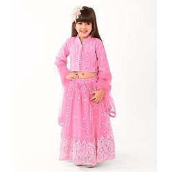 Babyhug Three Fourth Sleeves Sequin Embroidered Choli &  Lehenga Set with Dupatta - Pink