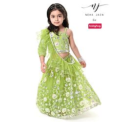 Babyhug Woven One Shoulder  Sleeves Sequenced Floral Embroidered Lehenga Choli Set with Frill Net Dupatta - Green