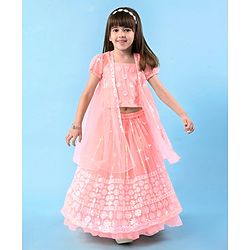 Babyhug Woven Singlet Choli With Sequenced Embroidered Lehenga & Short Sleeves Shrug - Hot Pink