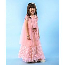 Babyhug Woven Singlet Choli With Sequenced Embroidered Lehenga & Short Sleeves Shrug - Hot Pink